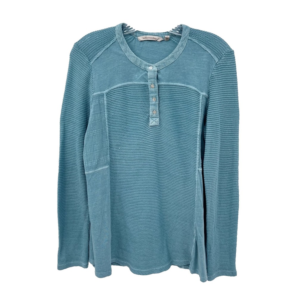 SOFT SURROUNDINGS Women's M Aqua Long-Sleeve 1/4-Button Waffle Knit Henley Shirt